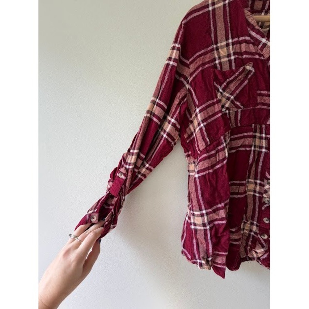 Plaid Maurices Button Down Women XL Burgundy Babydoll Plaid Ruffle Neck Blouse - Picture 6 of 7